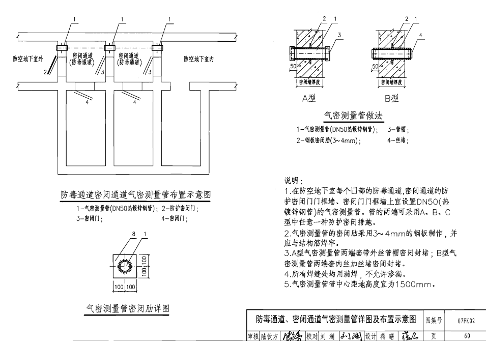 人防通风套管图集07fk02---60（防毒通道、密闭通道气密测量管详图及布置示意图）